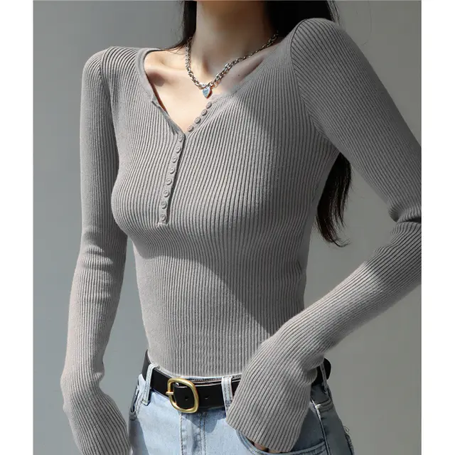 Slim Fit Slimming Knitted Top Versatile Trendy Gray - Shop at LoveMi