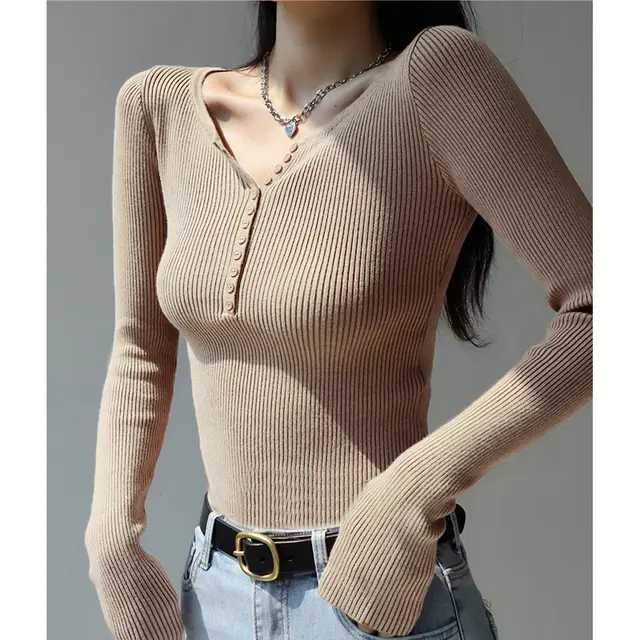 Slim Fit Slimming Knitted Top Versatile Trendy Khaki - Shop at LoveMi