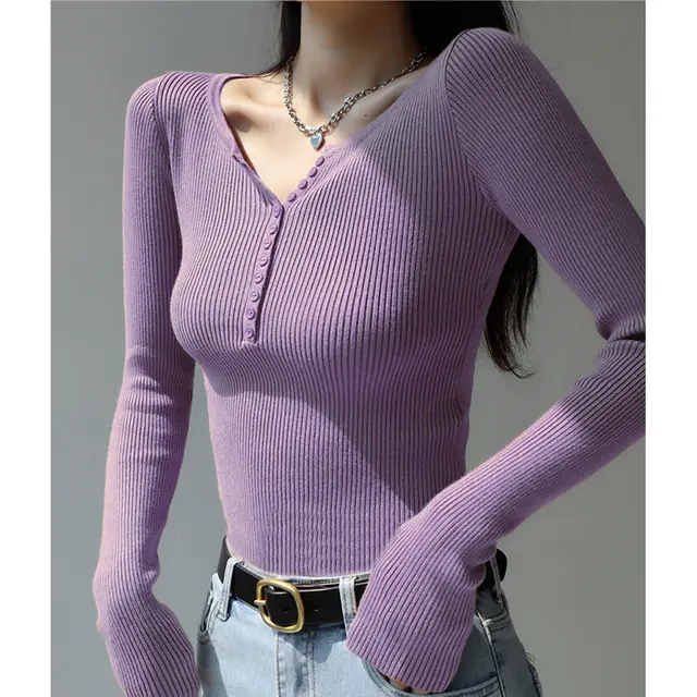 Slim Fit Slimming Knitted Top Versatile Trendy Purple - Shop at LoveMi