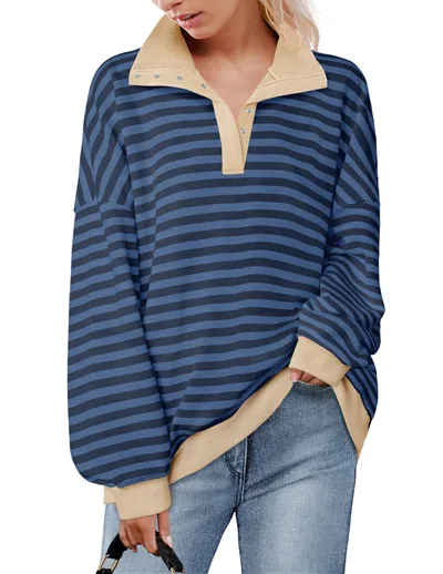 Casual Polo Collar Button Striped Sweater For Women Apricot - Shop at LoveMi