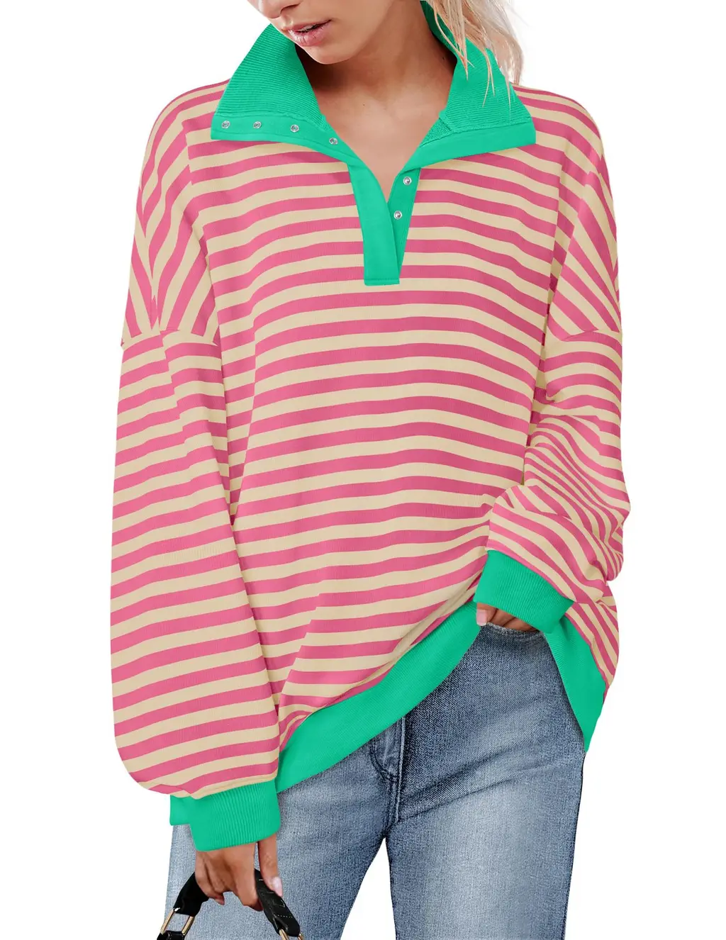 Casual Polo Collar Button Striped Sweater For Women - Cyan