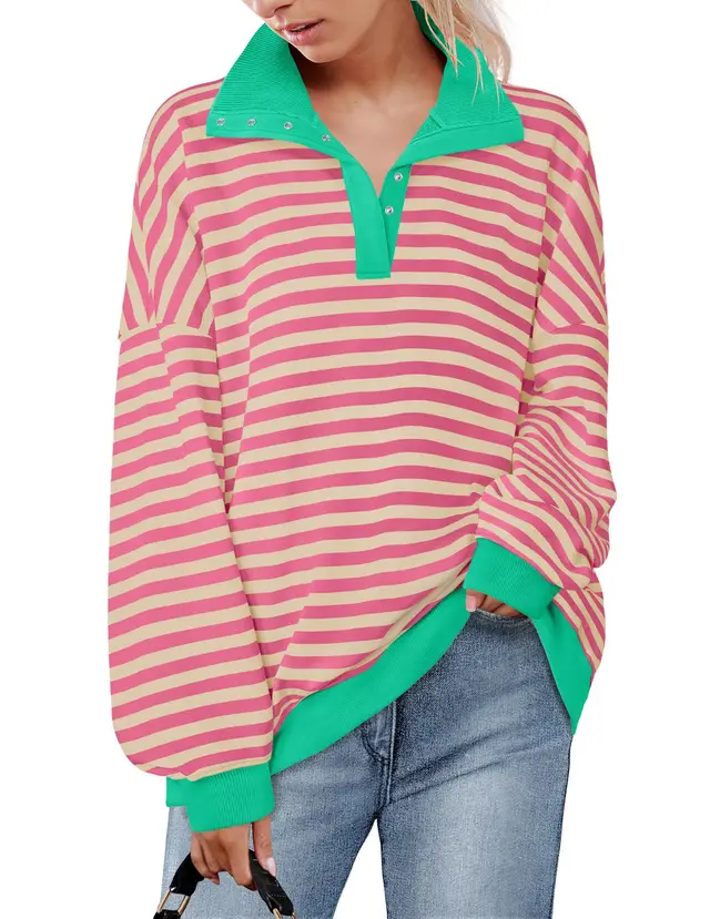 Casual Polo Collar Button Striped Sweater For Women Cyan - Shop at LoveMi