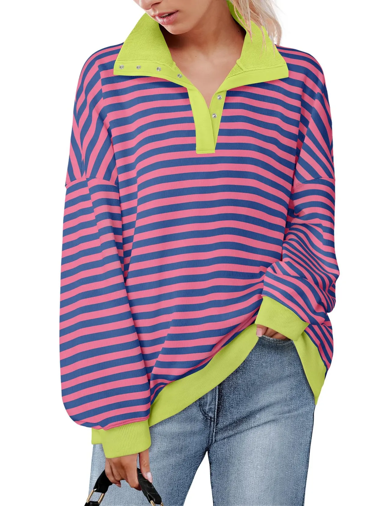 Casual Polo Collar Button Striped Sweater For Women - Fluorescent Yellow - View 1