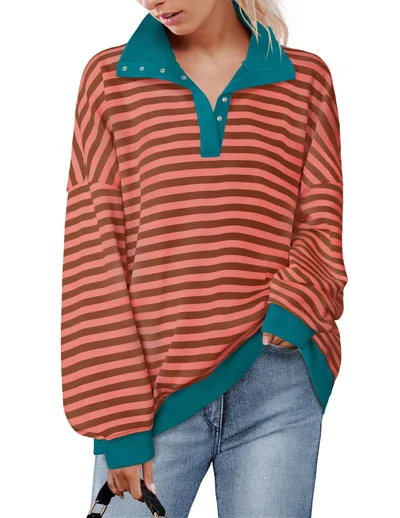 Casual Polo Collar Button Striped Sweater For Women Green - Shop at LoveMi