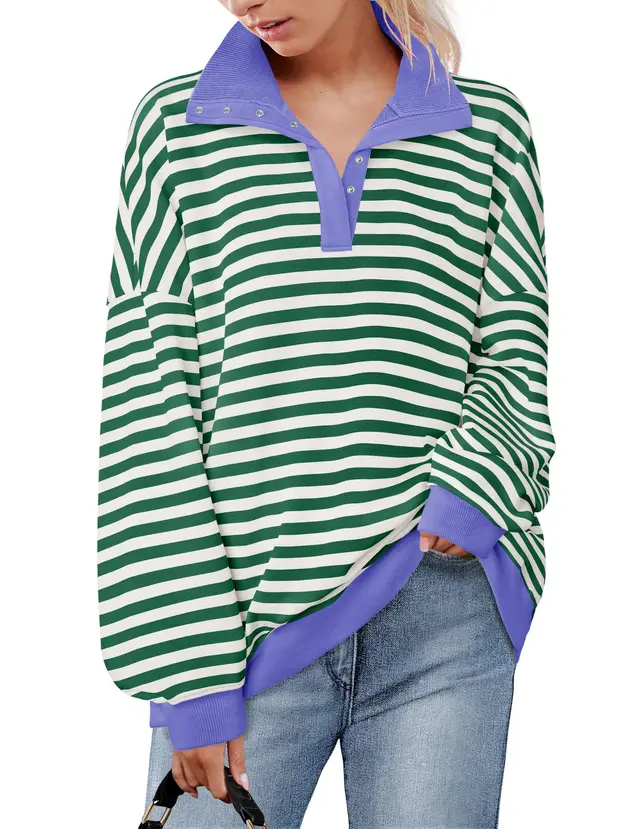 Casual Polo Collar Button Striped Sweater For Women Purple - Shop at LoveMi