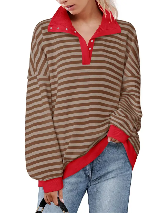 Casual Polo Collar Button Striped Sweater For Women Red - Shop at LoveMi