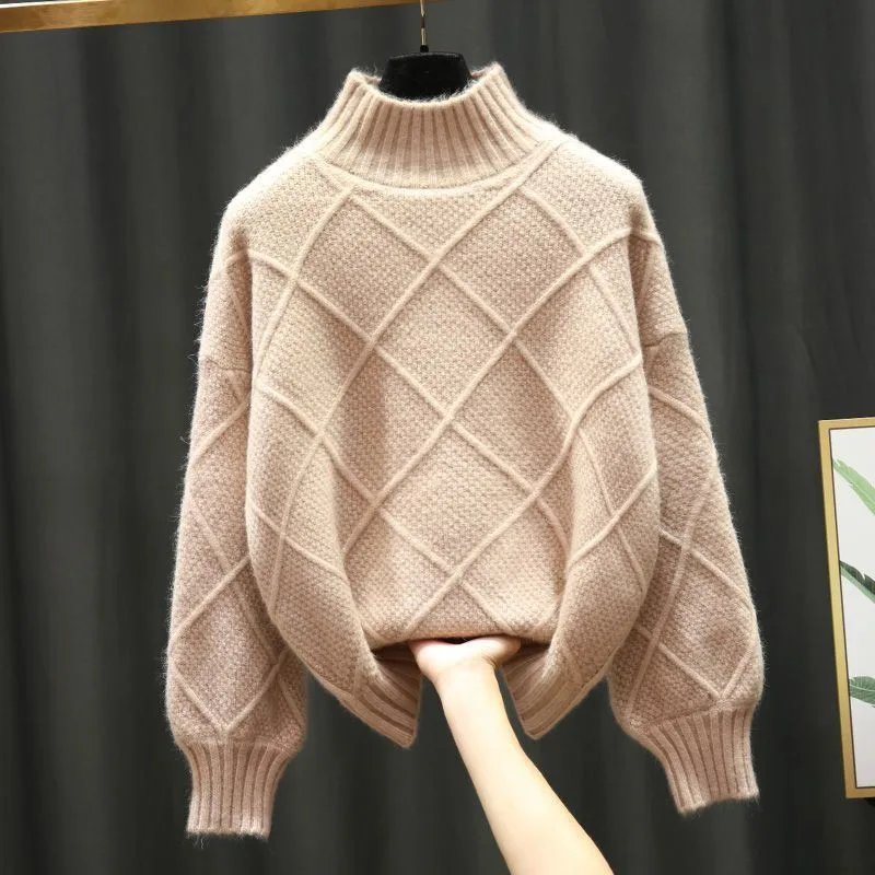 Turtleneck Pullover Diamond All match Solid Color Loose Sweater Apricot - Shop at LoveMi