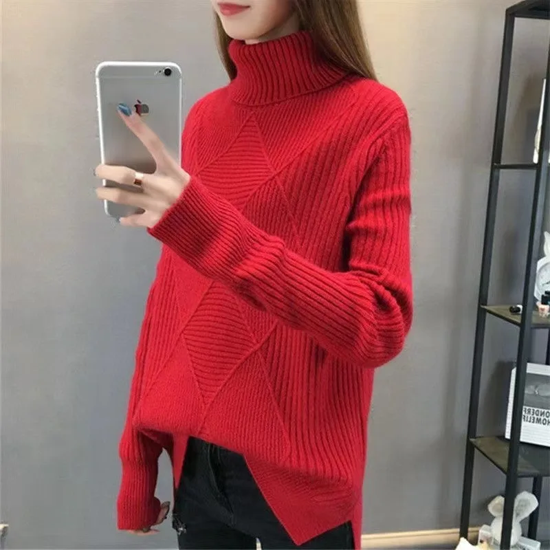Turtleneck Pullover Diamond All match Solid Color Loose Sweater Red With Velvet Lining - Shop at LoveMi