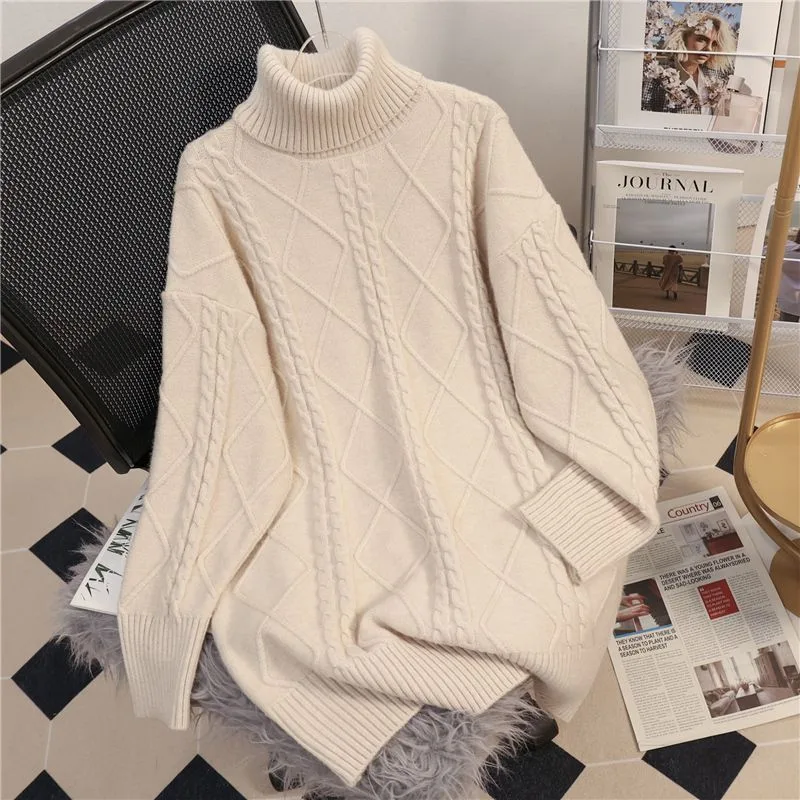 Turtleneck Pullover Diamond All match Solid Color Loose Sweater White - Shop at LoveMi
