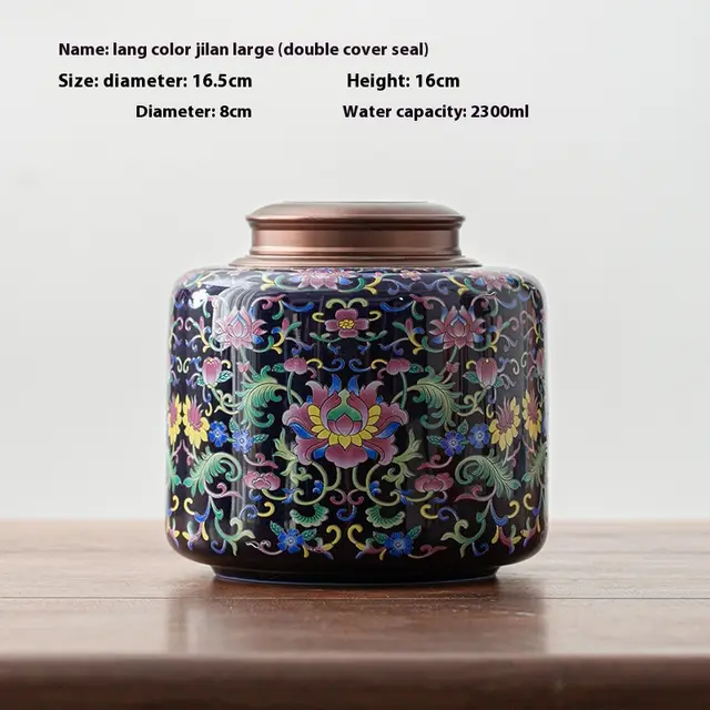 Tea Jar Ceramic Sealed Jar Metal Double Cover Enamel Blue Glaze Large - Shop at LoveMi
