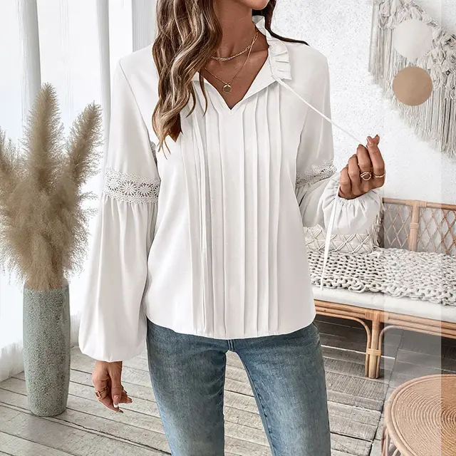 Top Drawstring V neck Pleated Shirt White - Shop at LoveMi