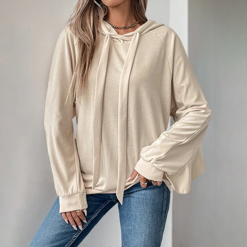 Hoodie With Drawstrings Ruffled Thin Sweater For Women - Apricot