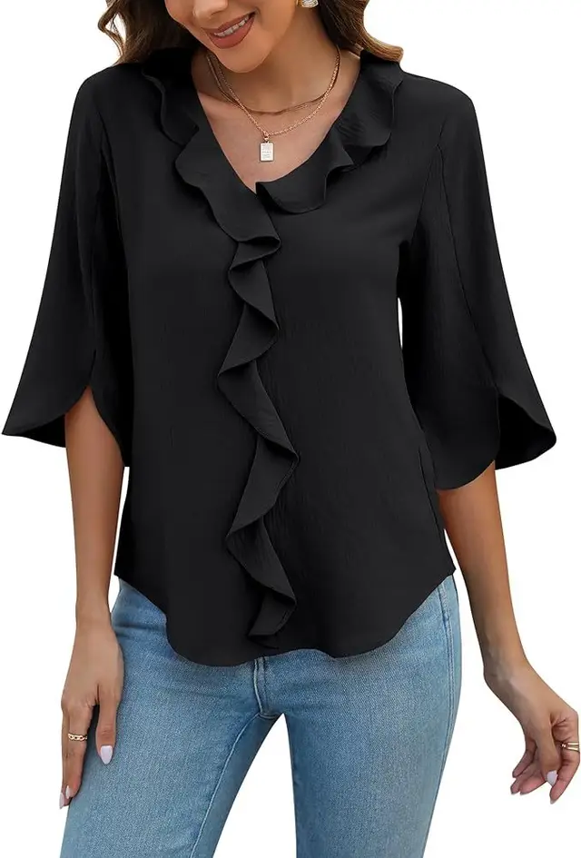 Lady Literature Leisure Commute All matching Loose All matching V neck Flounce Shirt Black - Shop at LoveMi