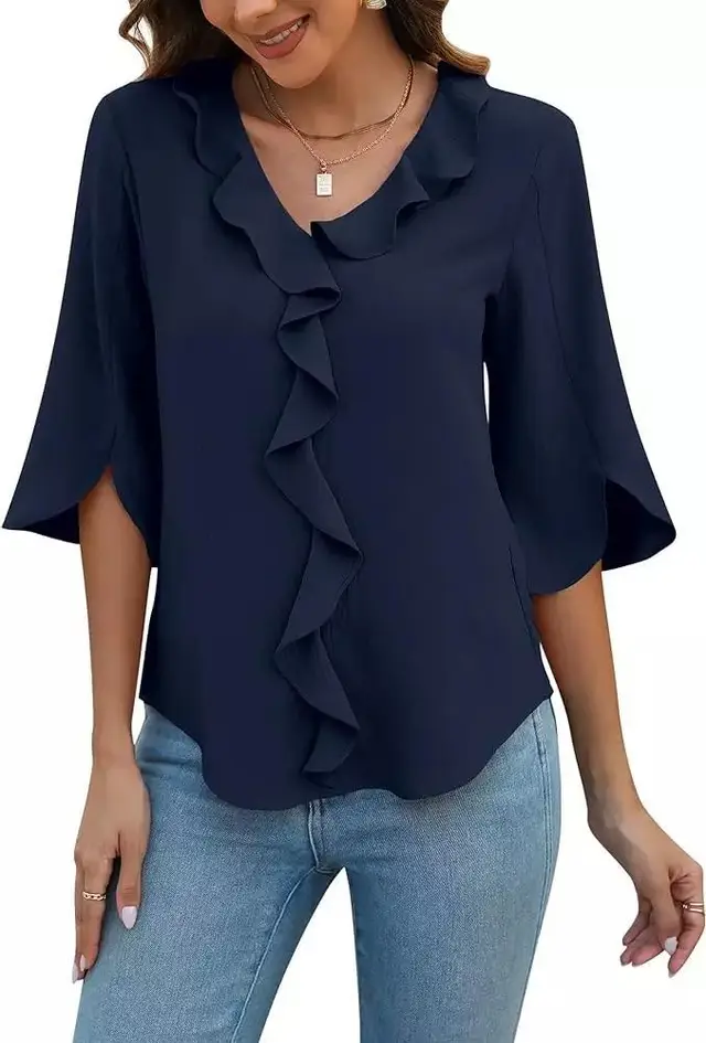 Lady Literature Leisure Commute All matching Loose All matching V neck Flounce Shirt Navy Blue - Shop at LoveMi