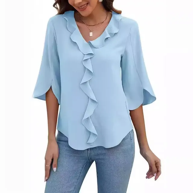 Lady Literature Leisure Commute All matching Loose All matching V neck Flounce Shirt Sky Blue - Shop at LoveMi