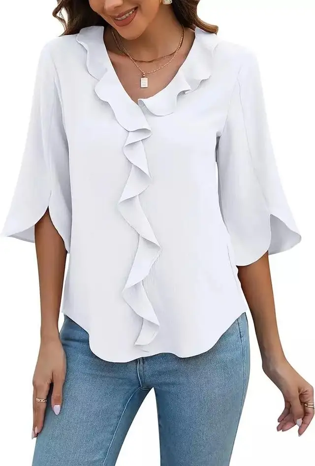 Lady Literature Leisure Commute All matching Loose All matching V neck Flounce Shirt White - Shop at LoveMi