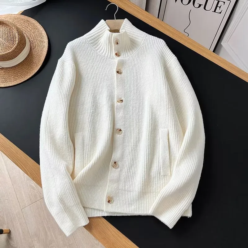 New Knitted Cardigan Long Sleeve Shufulei Loose Turtleneck Sweater Coat White - Shop at LoveMi