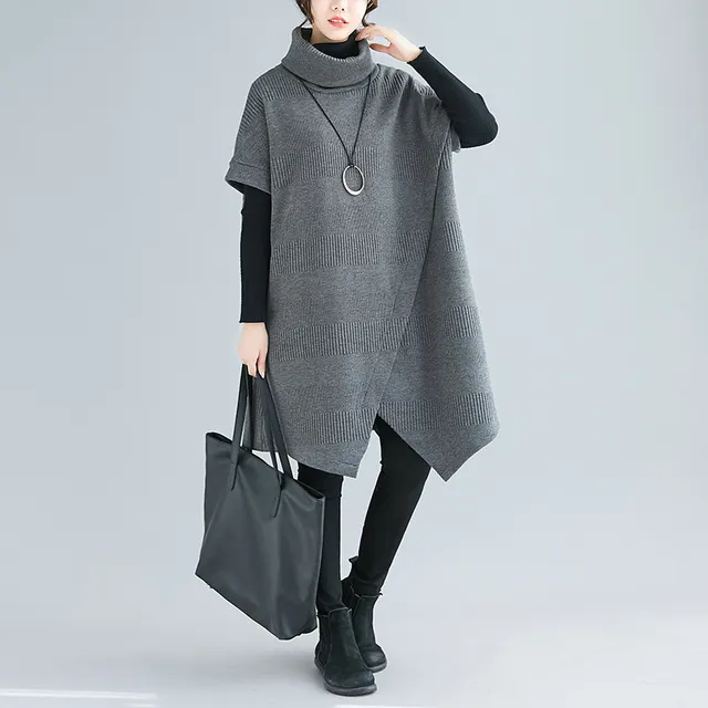 Thick Solid Color Casual Slimming High Collar Short Sleeve Easy To Match Irregular Dress Gray - Shop at LoveMi