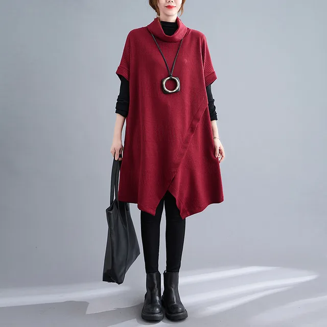 Thick Solid Color Casual Slimming High Collar Short Sleeve Easy To Match Irregular Dress Wine Red - Shop at LoveMi