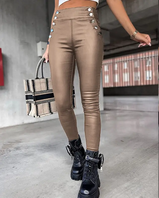 High Waist PU Leather Slim Fit Hip Raise Long Pants Khaki - Shop at LoveMi