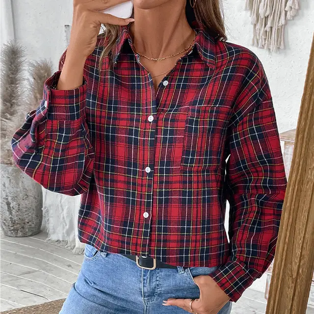 Coat Lapel Long Sleeve Plaid Shirt For Women Red - Shop at LoveMi