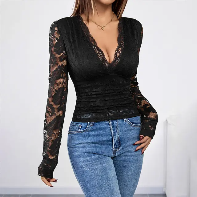 Lace Slim Fit Patchwork V neck Black Top Black - Shop at LoveMi