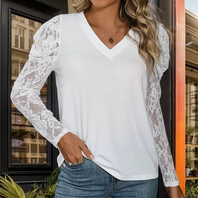 See through Lace Stitching Long Sleeve V neck White Shirt White - Shop at LoveMi