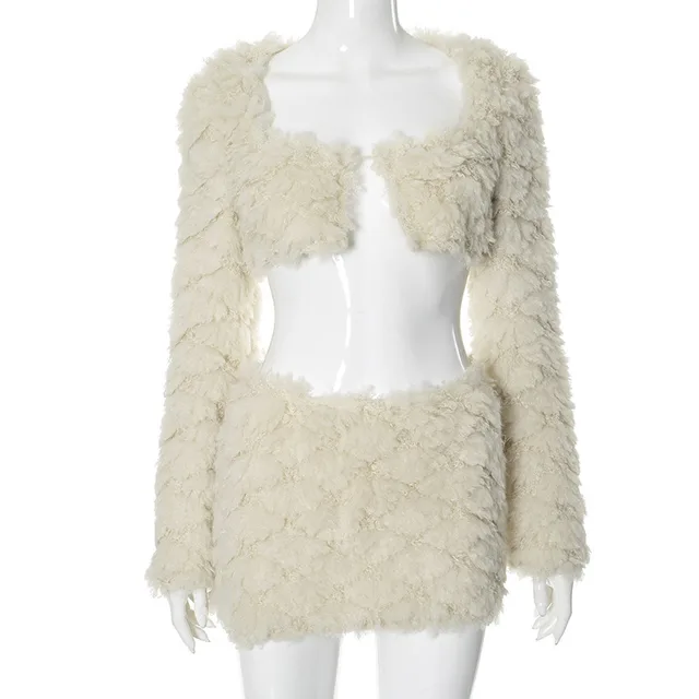 Wrapped Chest Long Sleeve Furry Coat Skirt Outfit Apricot - Shop at LoveMi
