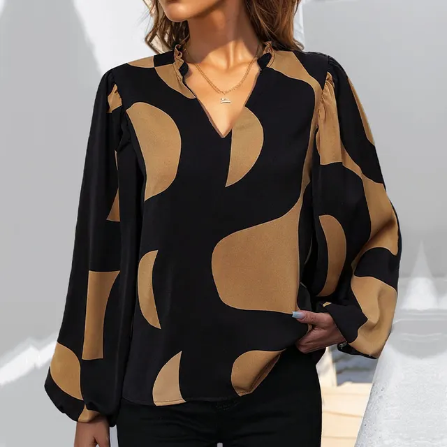 Women's Bubble Sleeve Stand Collar Printed Shirt Black - Shop at LoveMi