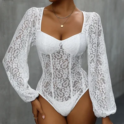 Women's Lace Stitching Long sleeved Jumpsuit White - Shop at LoveMi
