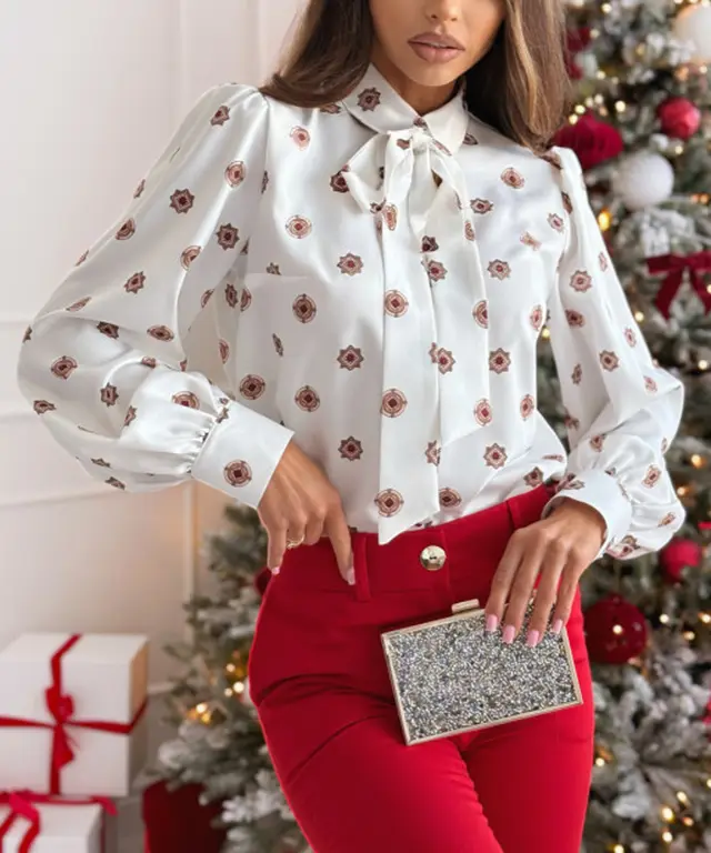 Printed Long Sleeve Bowknot Lining For Women Small White Flowers - Shop at LoveMi