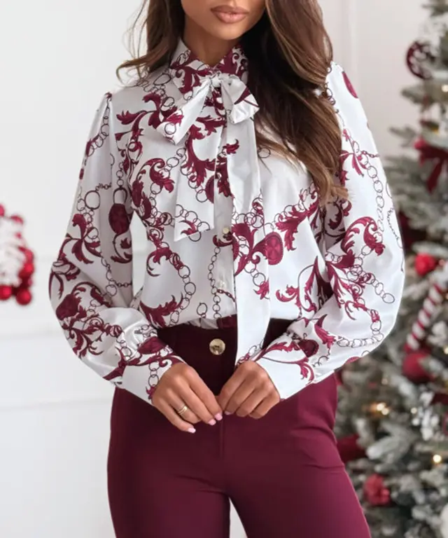 Printed Long Sleeve Bowknot Lining For Women White Red Flower - Shop at LoveMi