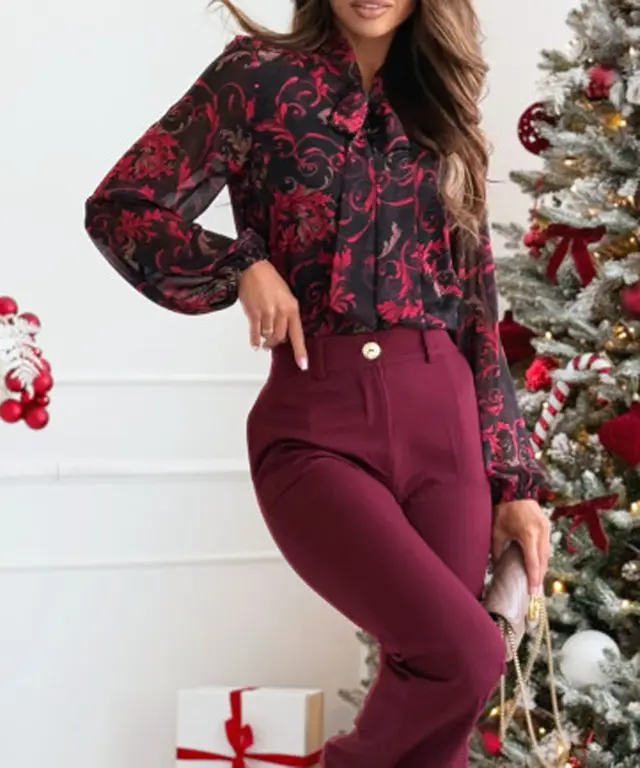 Women's Chiffon Printed Long sleeved Shirt Red Small Floral - Shop at LoveMi