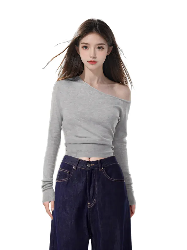 Off shoulder Inner Bottoming Shirt Top Gray - Shop at LoveMi