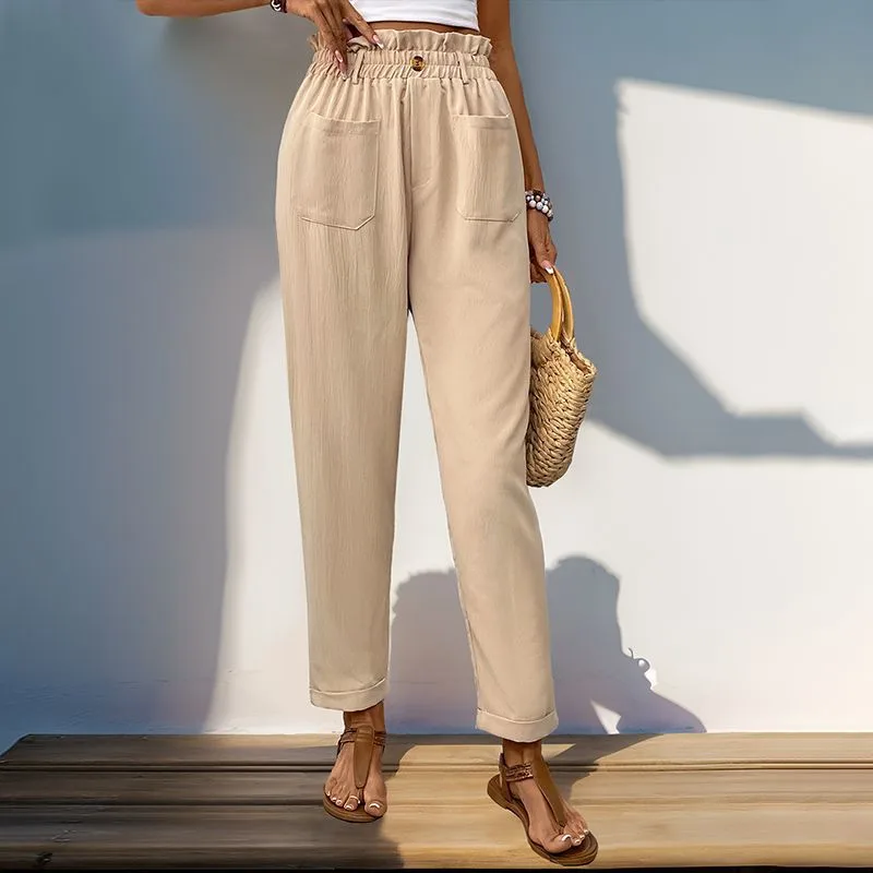 Women's Pants Pocket Elastic Waist Apricot - Apricot - View 1