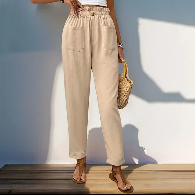 Women's Pants Pocket Elastic Waist Apricot Apricot - Shop at LoveMi