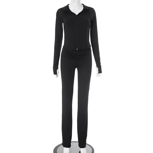 Women's Line Lapel Zipper Hooded Suits Black - Shop at LoveMi