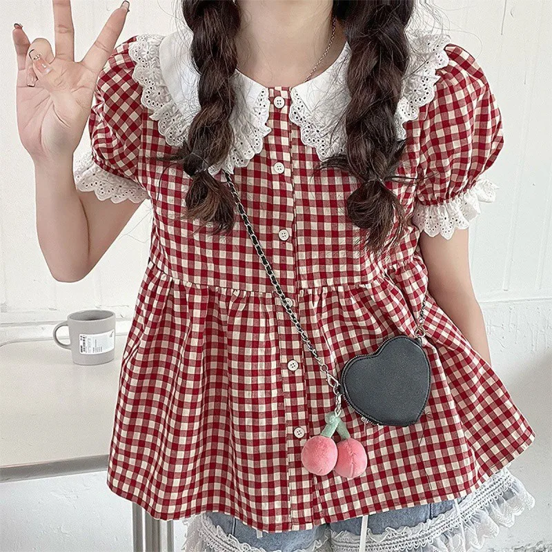 Soft Girl Cute Plaid Doll Collar Lace Puff Sleeve Shirt