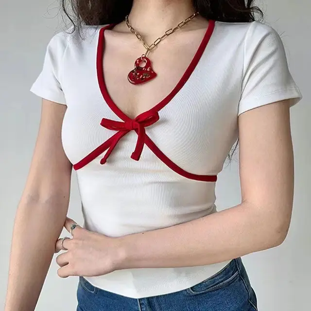 Bow Color Matching Top Women's Girl Slim Fit Short V neck Short Sleeve White - Shop at LoveMi