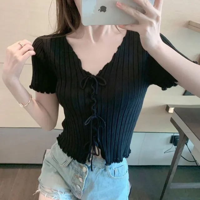 V neck Lace up Bowknot Knitted Sweater Short Top Black - Shop at LoveMi
