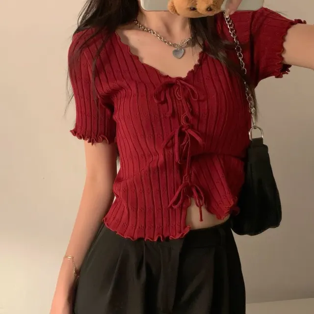 V neck Lace up Bowknot Knitted Sweater Short Top Wine Red - Shop at LoveMi