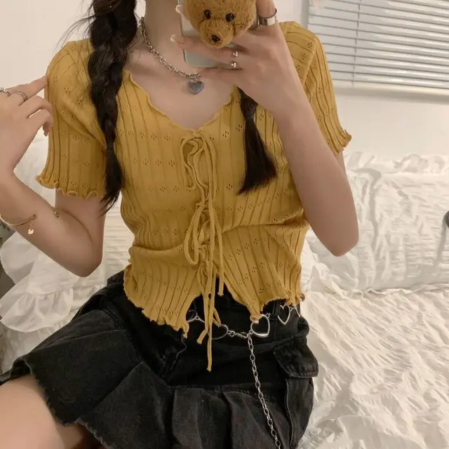 V neck Lace up Bowknot Knitted Sweater Short Top Yellow - Shop at LoveMi
