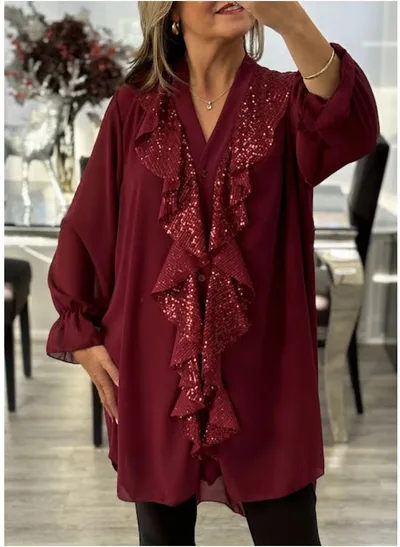 Long Sleeve Mid length Stitching Sequined Top Dark Red - Shop at LoveMi