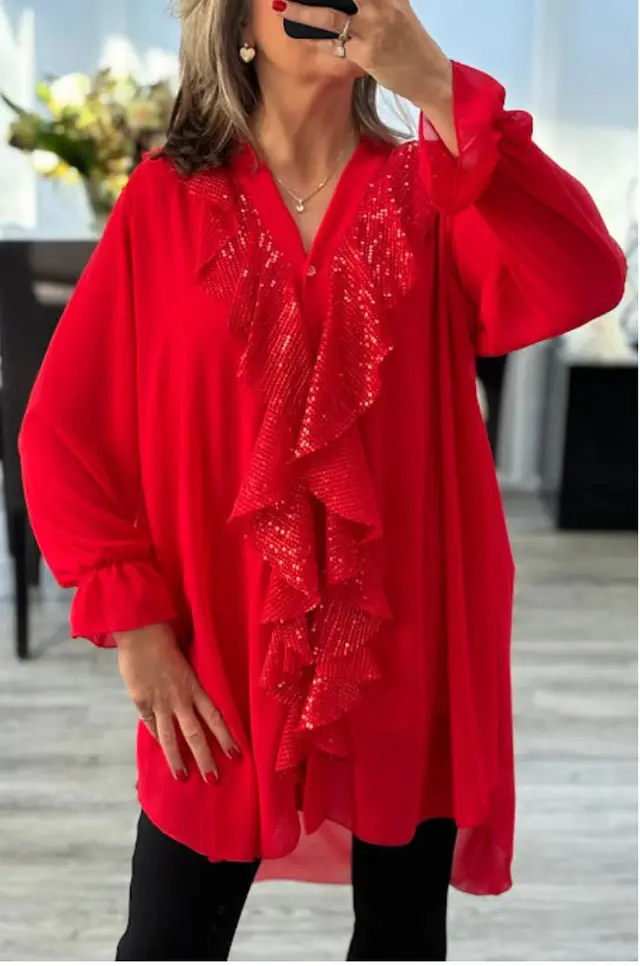 Long Sleeve Mid length Stitching Sequined Top Red - Shop at LoveMi