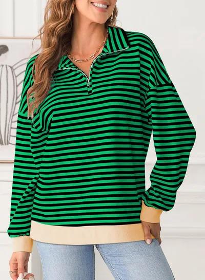 Striped Round Neck Contrast Color Loose Long Sleeve Sweatershirt Black And Green - Shop at LoveMi