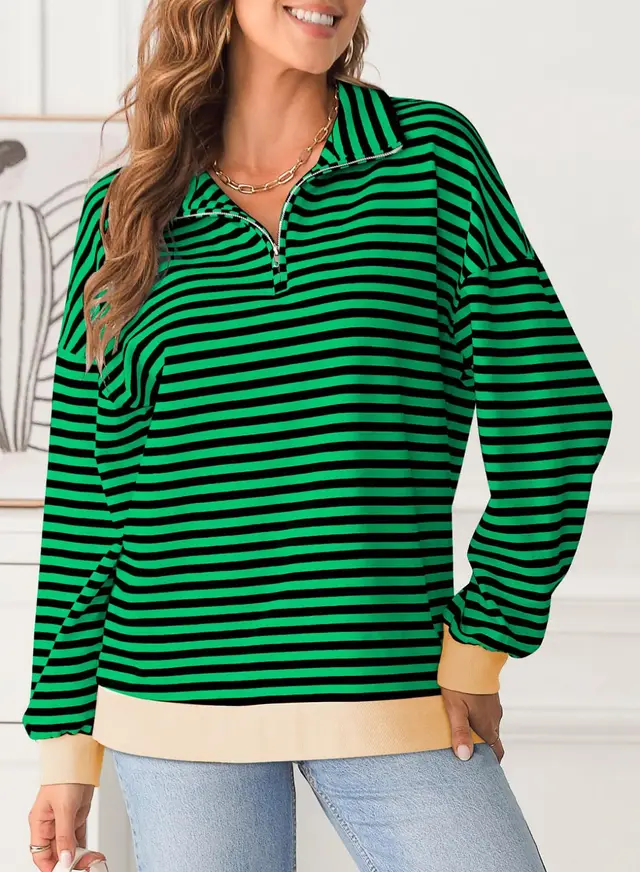 Striped Round Neck Contrast Color Loose Long Sleeve Sweatershirt Black And Green - Shop at LoveMi