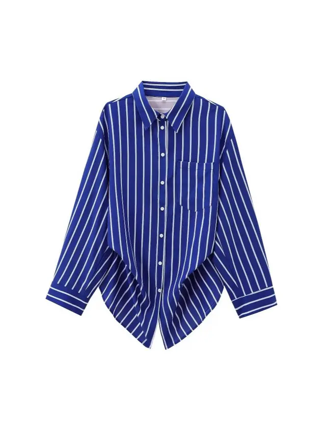 Women's Fashionable Batwing Sleeve Striped Long sleeved Shirt Blue - Shop at LoveMi