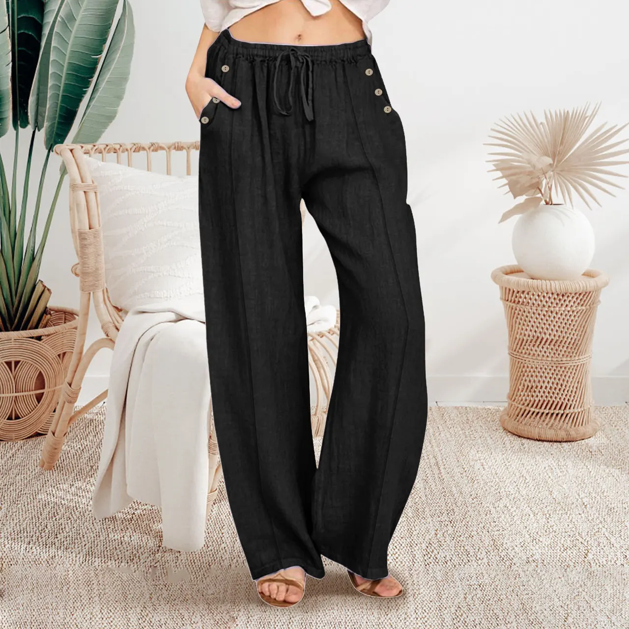 Loose Button Casual Wide-leg Trousers Women - Black Button