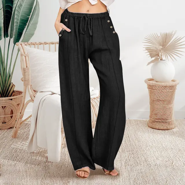 Loose Button Casual Wide leg Trousers Women Black Button - Shop at LoveMi
