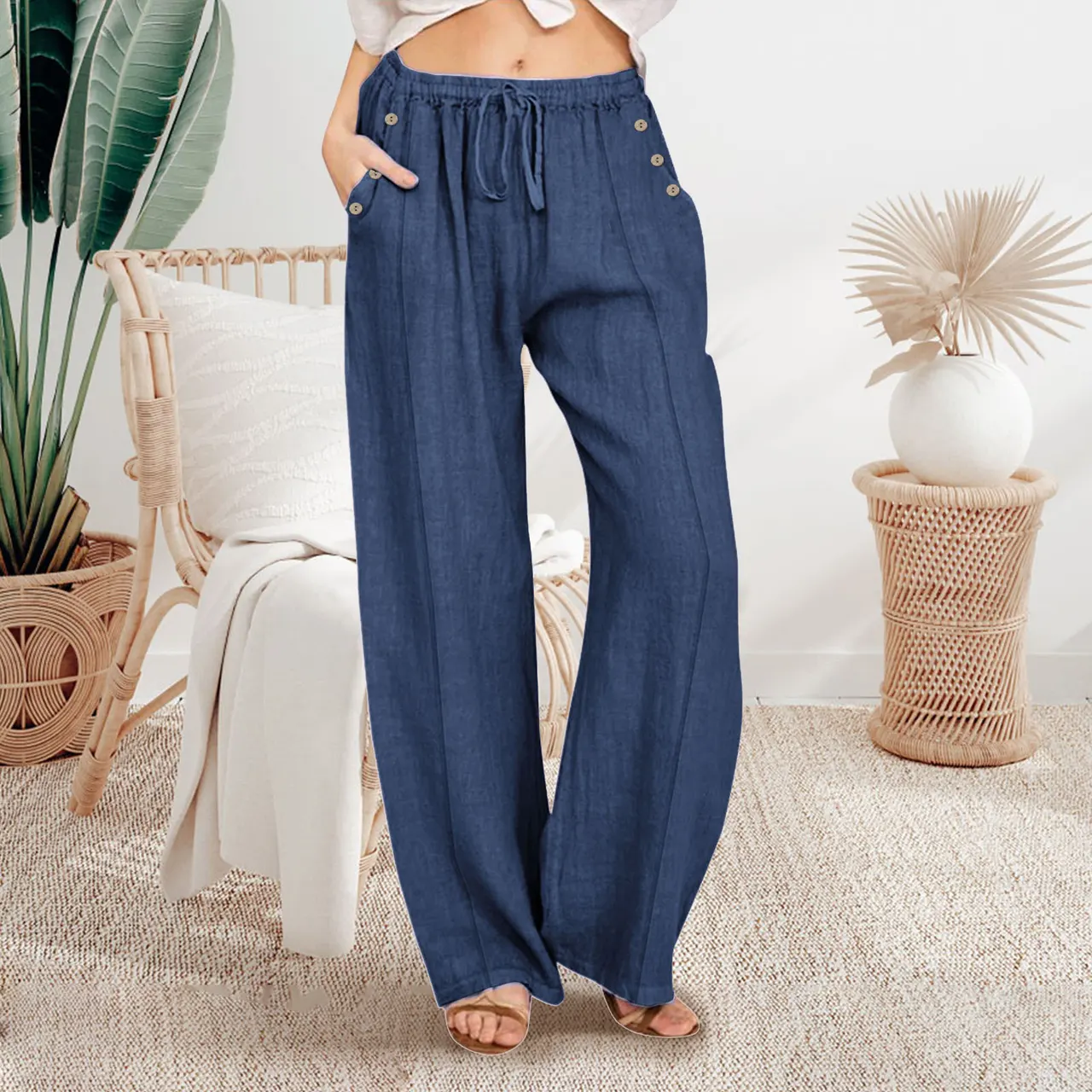 Loose Button Casual Wide-leg Trousers Women - Dark Blue Buttons